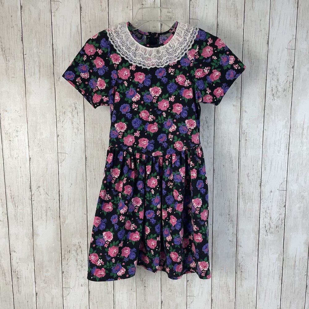 Vintage All That Jazz Dark Floral Dress Youth Girls Sz 12 - Early 1990’s - USA
